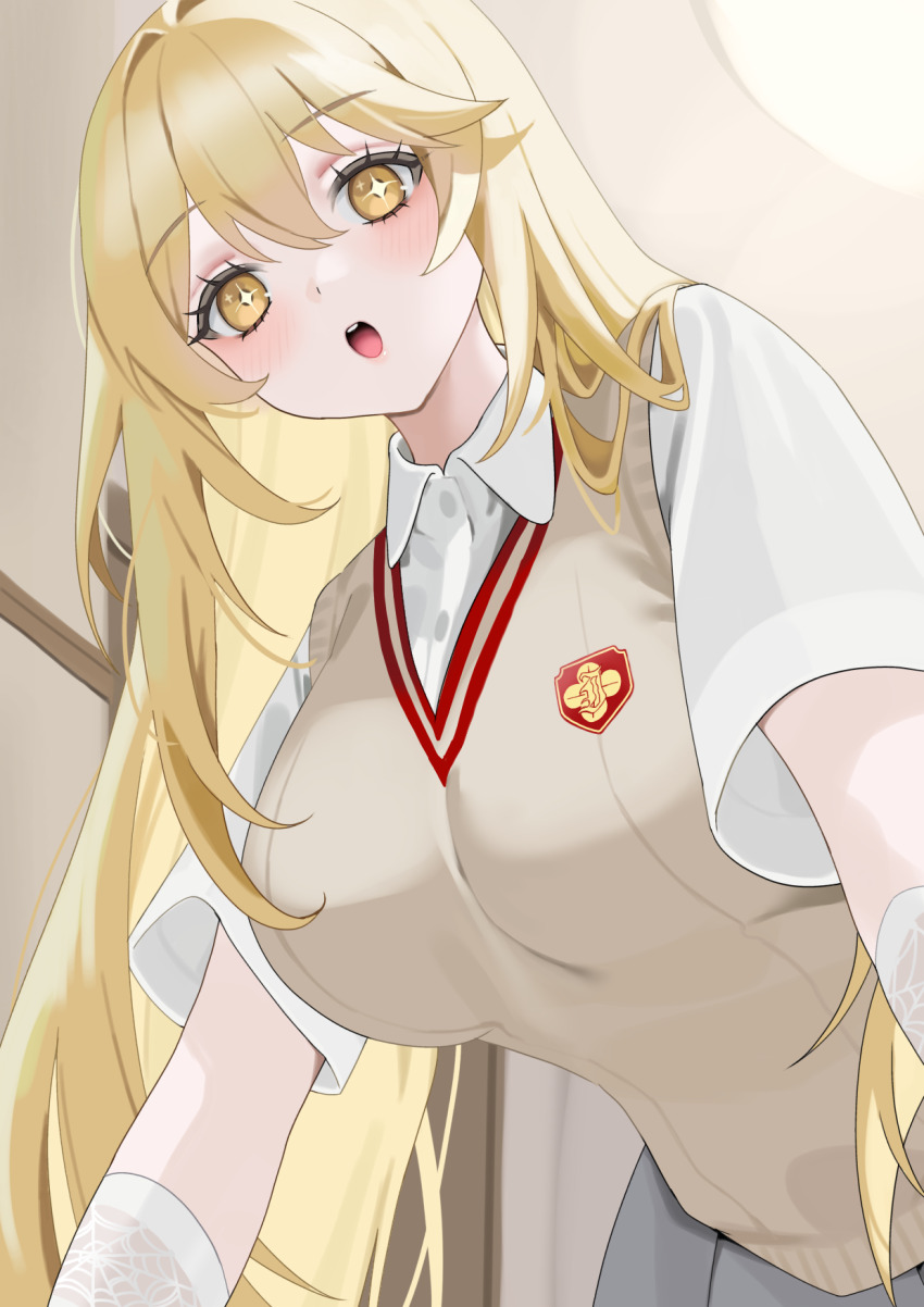 1girl blonde_hair breasts brown_sweater_vest collared_shirt commentary elbow_gloves gloves grey_skirt highres indoors large_breasts long_hair looking_at_viewer m1k0to_zz open_mouth pleated_skirt school_emblem school_uniform shirt shokuhou_misaki short_sleeves skirt solo sparkling_eyes summer_uniform sweater_vest symbol-shaped_pupils toaru_kagaku_no_railgun toaru_majutsu_no_index tokiwadai_school_uniform v-neck white_gloves white_shirt yellow_eyes