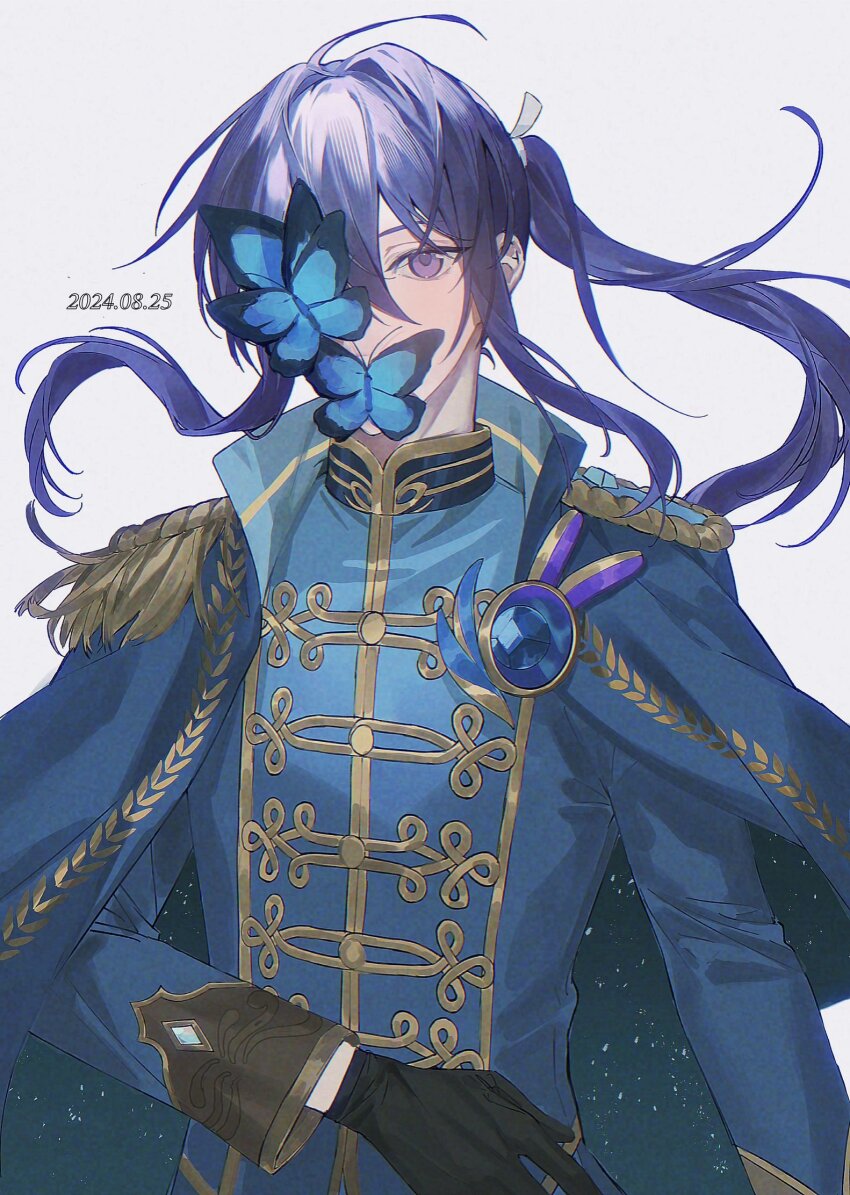 1boy ahoge black_gloves blue_butterfly blue_cape blue_gemstone blue_jacket brown_sleeve_cuffs bug butterfly butterfly_over_eye butterfly_over_mouth cape collared_cape covered_mouth dated ensemble_stars! epaulettes floating_hair flower_knot gem gloves gold_trim hair_between_eyes hair_intakes hand_up high_collar highres insect jacket kanzaki_souma lone_nape_hair long_hair long_sleeves looking_at_viewer male_focus motoyui official_alternate_costume one_eye_covered ponytail popped_collar purple_eyes purple_hair ru_kosin sidelocks simple_background solo sparkle_print starry_sky_print toggles upper_body white_background