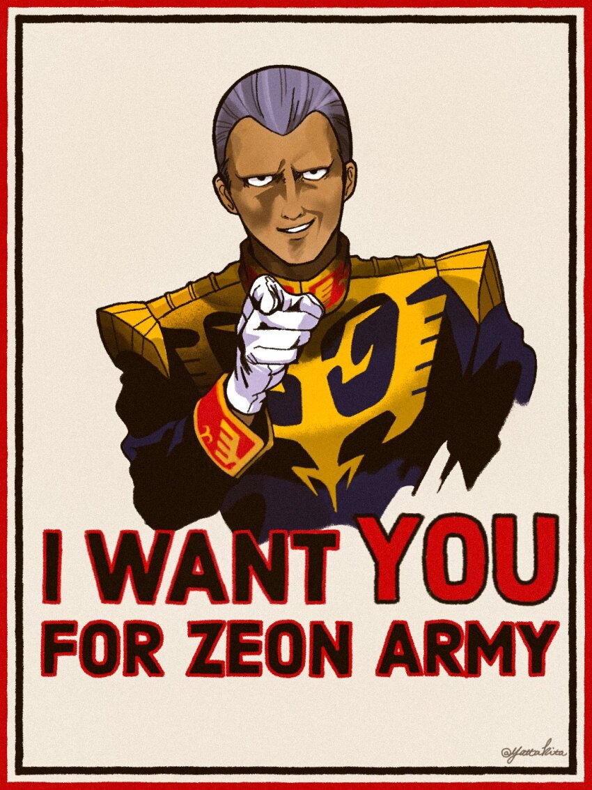 1boy blue_jacket commentary_request cropped_torso dark-skinned_male dark_skin english_text gihren_zabi gloves grin gundam highres i_want_you jacket light_smile long_sleeves looking_at_viewer male_focus military_jacket military_uniform mobile_suit_gundam parody pointing pointing_at_viewer poster_parody propaganda purple_hair short_hair smile solo twitter_username very_short_hair white_gloves yatta_kita zeon