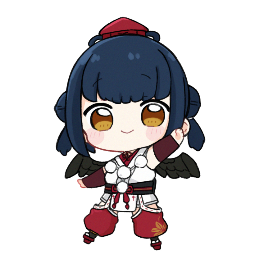 1girl bare_shoulders black_hair black_wings blush_stickers brown_eyes chibi closed_mouth commentary detached_pants double_bun feathered_wings full_body geta hair_bun hand_up hat highres japanese_clothes kimono mini_hat nijisanji nozo_(hitomiz) obi outstretched_arm pants puffy_pants red_hat red_pants red_sandals sandals sash simple_background sleeveless sleeveless_kimono smile socks solo standing tabi tengu-geta tokin_hat twintails virtual_youtuber white_background white_kimono white_socks wings yamagami_karuta yamagami_karuta_(1st_costume)