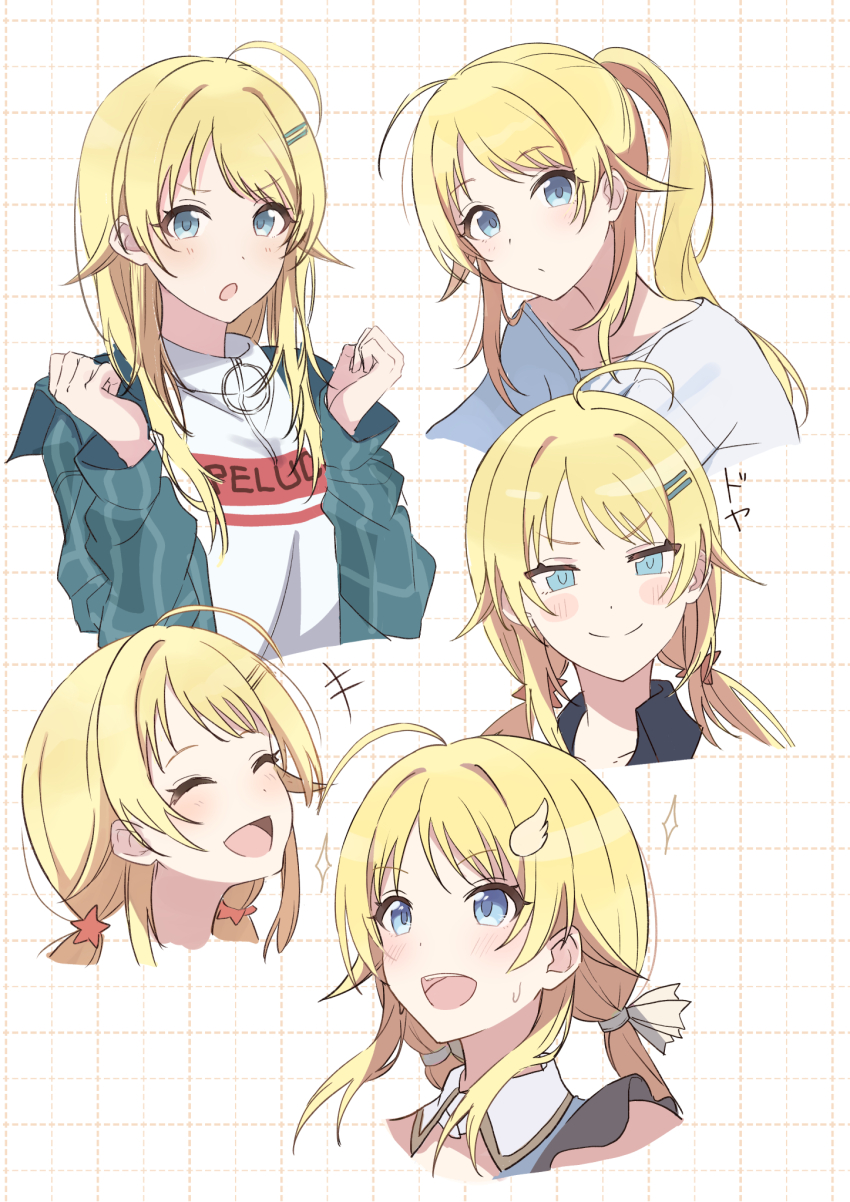 ahoge blonde_hair blue_eyes blush hachimiya_meguru hair_ornament hairclip hal_ogura highres idolmaster idolmaster_shiny_colors illumination_stars_(idolmaster) long_sleeves looking_at_viewer low_twintails open_mouth polo_shirt smile twintails