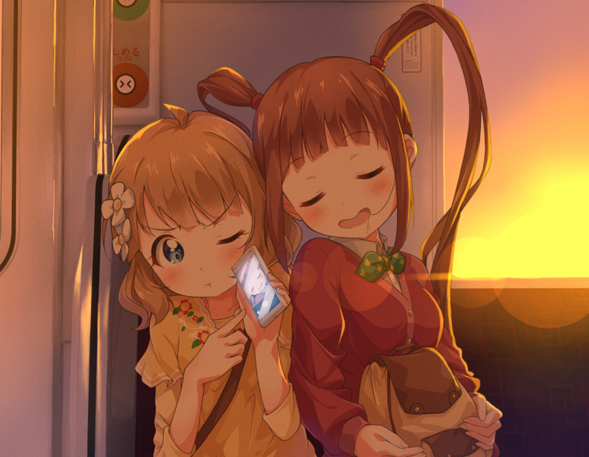 2girls blue_eyes blush bow bowtie brown_bag brown_hair cardigan cellphone closed_eyes dress drooling floral_print flower green_bow green_bowtie hair_flower hair_ornament idolmaster idolmaster_million_live! lens_flare long_sleeves matsuda_arisa multiple_girls one_eye_closed phone pointing pout puffy_long_sleeves puffy_sleeves red_cardigan short_hair sitting sleeping smartphone subway suou_momoko taking_picture toma_(shinozaki) train_interior twilight twintails v-shaped_eyebrows wavy_hair yellow_dress