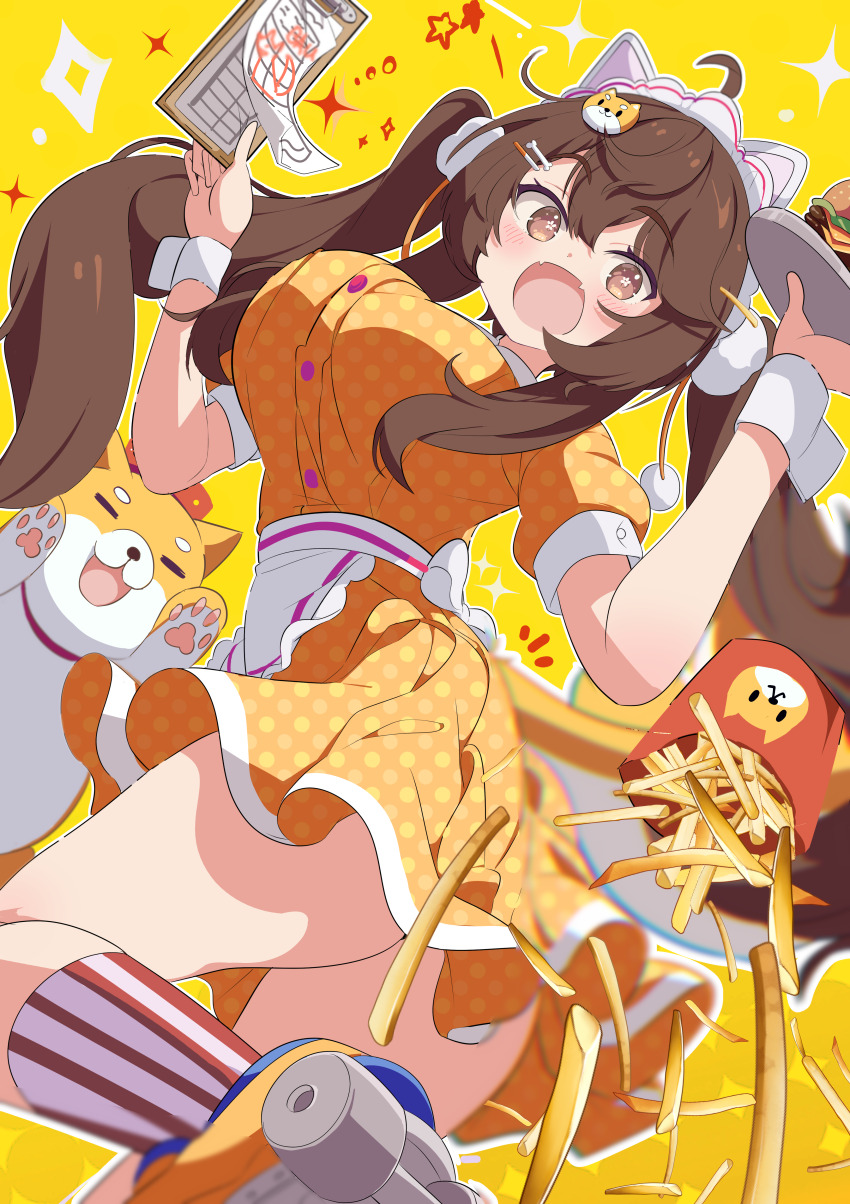 1girl absurdres ahoge animal_ears apron blush breasts brown_eyes brown_hair burger commission dog dress fake_animal_ears fang food french_fries hair_between_eyes hair_ornament hairclip highres holding holding_tray inline_skates large_breasts long_hair looking_at_viewer maid_headdress menu open_mouth original polka_dot polka_dot_dress puffy_short_sleeves puffy_sleeves roller_skates shiba_inu shiro9jira short_sleeves skates skeb_commission skin_fang smile socks solo sparkle striped_clothes striped_dress striped_socks tray twintails vertical-striped_clothes very_long_hair virtual_youtuber waist_apron waitress white_apron wrist_cuffs yellow_background yellow_dress