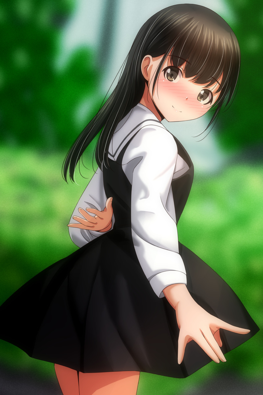 1girl absurdres arm_behind_back black_dress black_eyes black_hair blurry blurry_background blush bush closed_mouth dated_commentary dress highres long_hair long_sleeves looking_at_viewer looking_to_the_side matsunaga_kouyou original outdoors sailor_collar school_uniform shirt sidelocks smile solo standing white_sailor_collar white_shirt