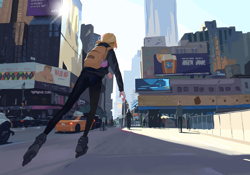 1girl backpack bag bag_charm billboard black_pants blonde_hair brand_name_imitation building charm_(object) city cityscape commentary day english_commentary from_behind full_body gen_1_pokemon highres jigglypuff nintendo original pants pokemon road roller_skates sekoshi_(some1else45) skates sky skyscraper solo_focus some1else45 street taxi yellow_bag