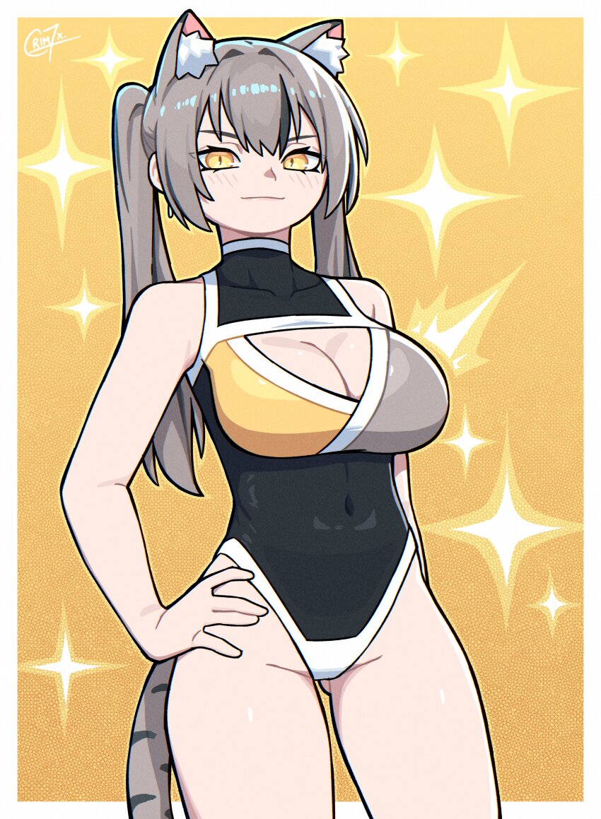 1girl ^^^ absurdres alternate_breast_size animal_ear_fluff animal_ears arm_at_side arm_behind_back artist_name bare_shoulders black_hair black_one-piece_swimsuit black_streaks black_tail border borrowed_character breasts cat_ears cat_girl cat_tail cleavage cleavage_cutout clothing_cutout collared_one-piece_swimsuit commentary covered_collarbone covered_navel cowboy_shot crim_(crim7x) double-parted_bangs eyebrows_hidden_by_hair gluteal_fold go!_go!_gris! grey_hair grey_one-piece_swimsuit grey_tail groin hair_between_eyes hair_intakes half-closed_eyes hand_on_own_hip high_collar highleg highleg_one-piece_swimsuit highres impossible_clothes impossible_swimsuit large_breasts light_blush long_eyelashes long_hair looking_at_viewer looking_down multicolored_hair multicolored_swimsuit narrowed_eyes one-piece_swimsuit original sidelocks signature slit_pupils smile smug solo sparkle sparkle_background streaked_hair striped_blush striped_tail swimsuit symbol-only_commentary tail thick_eyelashes thick_thighs thighs triangle_cutout tsurime twintails two-tone_hair two-tone_tail v-shaped_eyebrows viska_(go!_go!_gris!) white_border white_one-piece_swimsuit white_trim wide_hips yellow_background yellow_eyes yellow_one-piece_swimsuit ||/