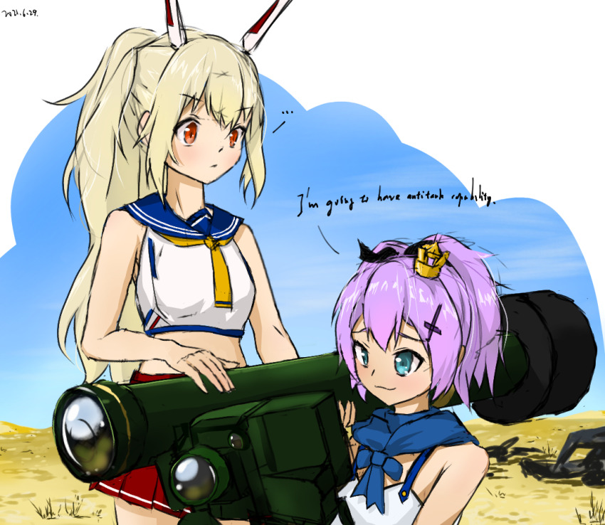 2girls ayanami_(azur_lane) azur_lane blue_sky fgm-148_javelin javelin_(azur_lane) multiple_girls ponytail purple_hair sky