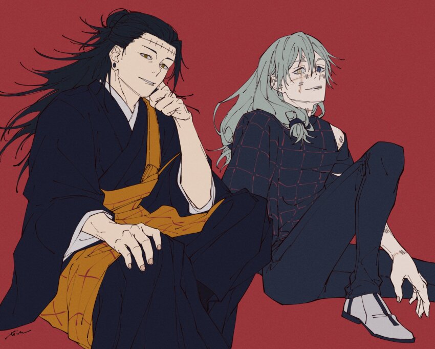 2boys black_hair black_kimono black_pants black_robe black_shirt blue_eyes cursed_spirit_(jujutsu_kaisen) earrings getou_suguru getou_suguru_(kenjaku) grey_hair head_rest heterochromia highres japanese_clothes jewelry jujutsu_kaisen kimono knee_up layered_sleeves long_hair long_sleeves looking_at_viewer mahito_(jujutsu_kaisen) male_focus mim_(mimya0600) multiple_boys pants parted_lips piercing red_background red_eyes robe shirt shoes simple_background sitting smile stitched_arm stitched_face stitched_forehead stitched_wrist stitches white_shoes yellow_eyes