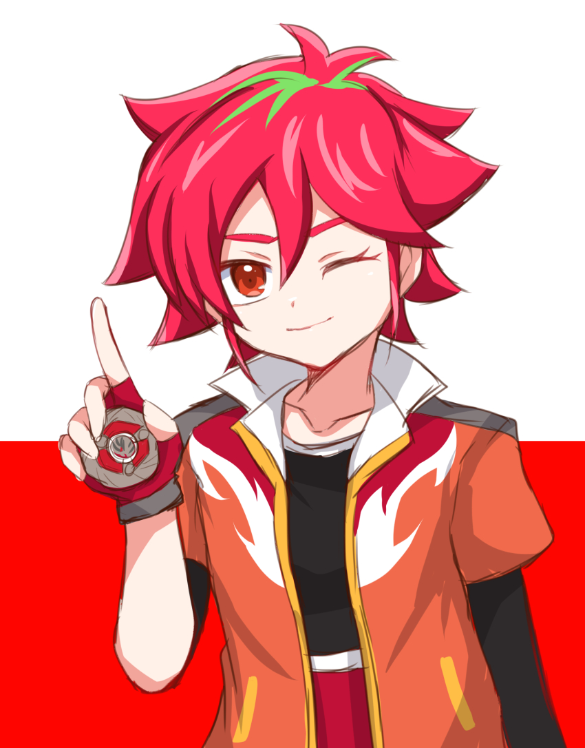 1girl beyblade beyblade_(object) beyblade_x breasts closed_mouth highres looking_at_viewer nekki_ai red_eyes red_hair short_hair simple_background smile