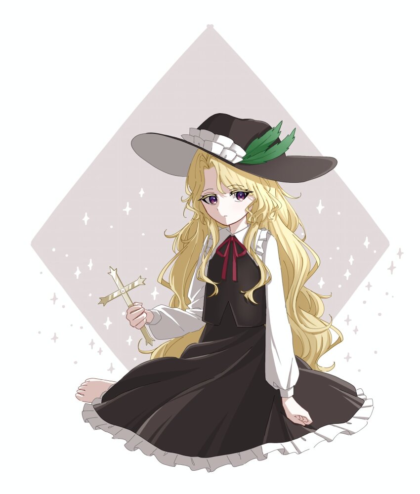 1girl barefoot blonde_hair brown_hat brown_skirt brown_vest closed_mouth commentary_request cross dolls_in_pseudo_paradise feathers fedora frilled_hat frilled_shirt_collar frilled_skirt frills full_body fuyuakatsuki_00 green_feathers hat hat_feather highres holding holding_cross jacket_girl_(dipp) long_hair long_sleeves neck_ribbon puffy_sleeves red_eyes red_ribbon ribbon shirt sitting skirt solo touhou very_long_hair vest white_shirt yokozuwari
