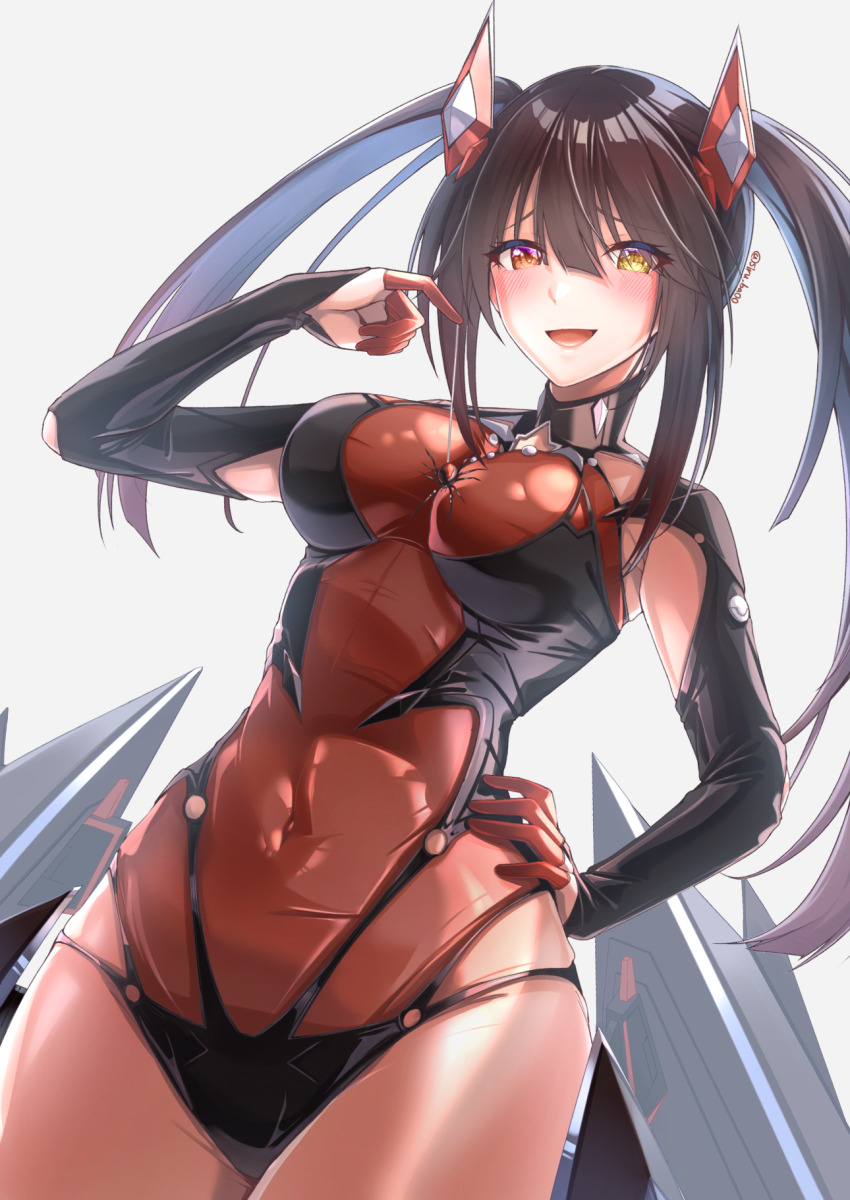 1girl black_bodysuit black_hair black_leotard blush bodysuit breasts bug clock_eyes commentary_request covered_navel date_a_live hair_between_eyes headgear heterochromia highres kagin_(kagou_shita_nanika) large_breasts leotard long_hair looking_at_viewer multicolored_bodysuit multicolored_leotard open_mouth red_bodysuit red_eyes red_leotard smile solo spider symbol-shaped_pupils tokisaki_kurumi twintails uneven_twintails yellow_eyes