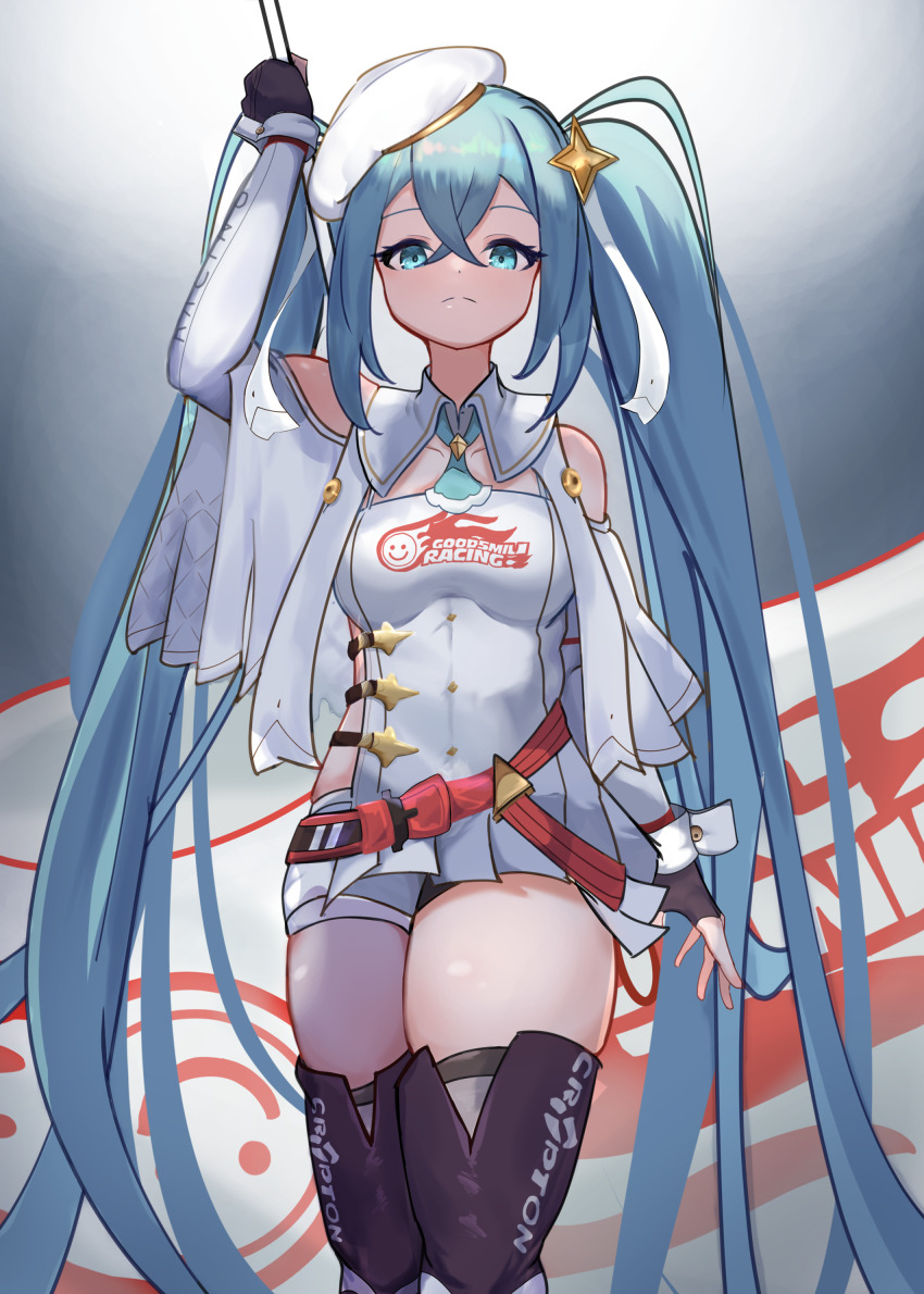absurdres aqua_eyes aqua_hair baruko-go black_gloves black_thighhighs breasts closed_mouth collarbone dress fingerless_gloves flag four-pointed_star gloves hair_between_eyes hair_ornament hat hatsune_miku highres holding holding_flag long_hair long_sleeves medium_breasts racing_miku star_(symbol) star_hair_ornament thick_thighs thighhighs thighs twintails very_long_hair vocaloid white_dress white_hat zettai_ryouiki