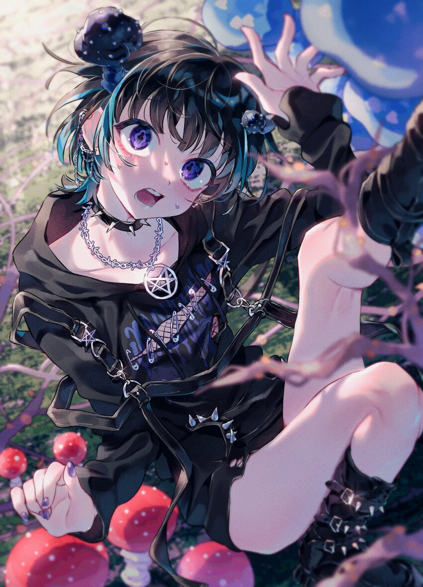 1girl absurdres aqua_hair bags_under_eyes barbed_wire black_footwear black_hair black_hoodie blurry blurry_background collar commentary_request commission dot_nose ear_chain feet_out_of_frame floating_hair fly_agaric from_above harness_belt head_tilt heterochromia highres hood hoodie indie_virtual_youtuber jewelry kinokoma_tango leg_up light_blush linked_piercing looking_at_viewer loose_hair_strand multicolored_hair mushroom mushroom_on_head nail_polish necklace open_mouth pentagram_necklace purple_eyes purple_nails rabbit_monster safety_pin skeb_commission solo spiked_boots spiked_collar spikes sweat symbol-shaped_pupils teeth torn_clothes two-tone_hair wolf_cut
