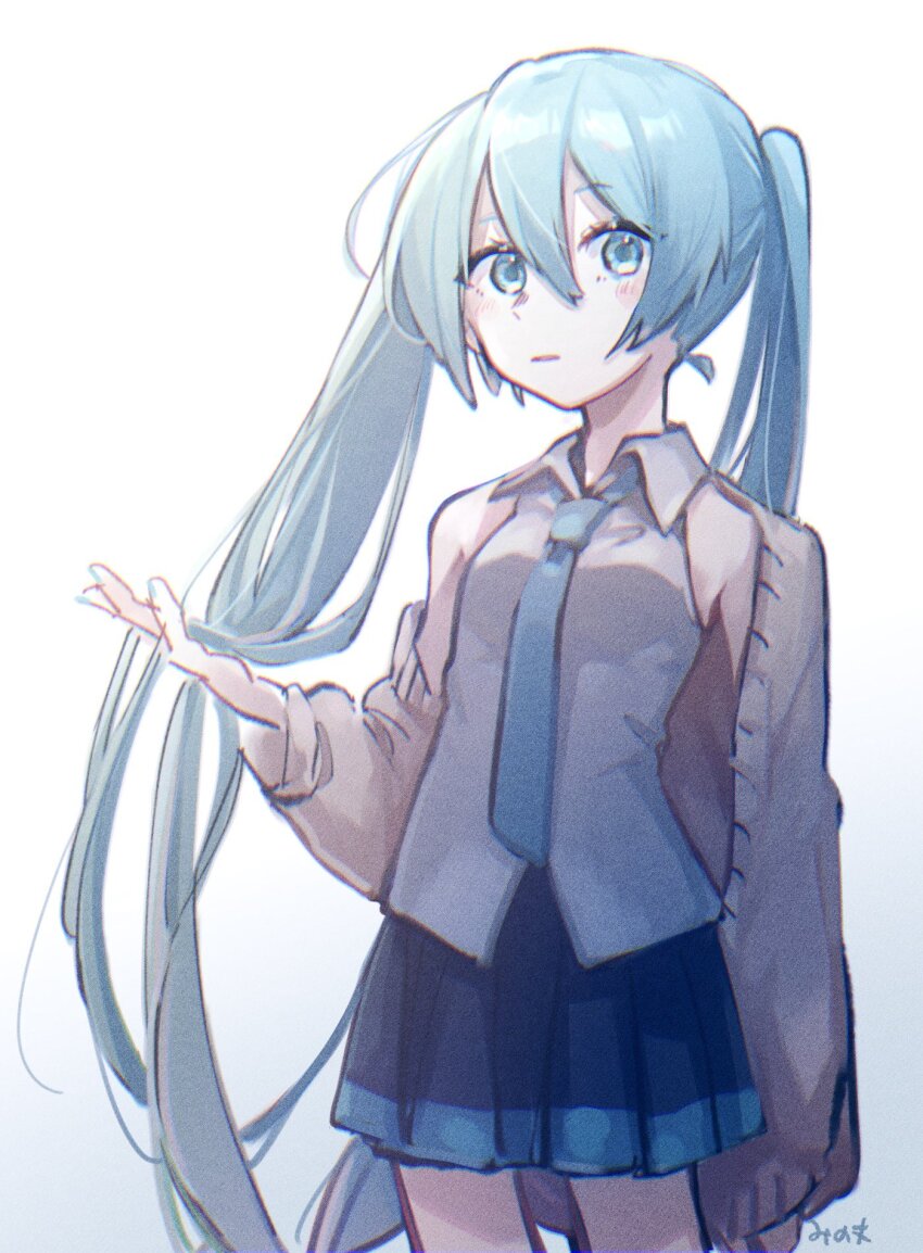 1girl aqua_eyes aqua_hair aqua_nails aqua_necktie artist_name bare_shoulders black_skirt brown_cardigan cardigan commentary cowboy_shot expressionless film_grain grey_shirt hatsune_miku highres holding holding_own_hair long_hair looking_at_viewer mi_no_take miniskirt necktie open_cardigan open_clothes parted_lips pleated_skirt shirt skirt sleeveless sleeveless_shirt solo standing twintails very_long_hair vocaloid white_background