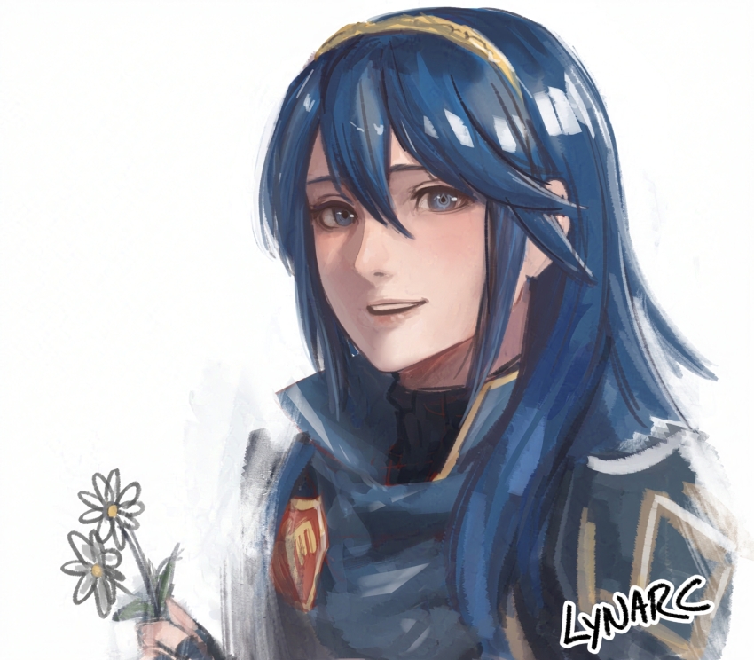 1girl :d artist_name blue_eyes blue_hair brand_of_the_exalt commentary english_commentary fire_emblem fire_emblem_awakening flower hair_between_eyes headband highres holding holding_flower long_hair looking_at_viewer lucina_(fire_emblem) lynarc nintendo open_mouth smile solo symbol_in_eye teeth tiara upper_body upper_teeth_only white_background