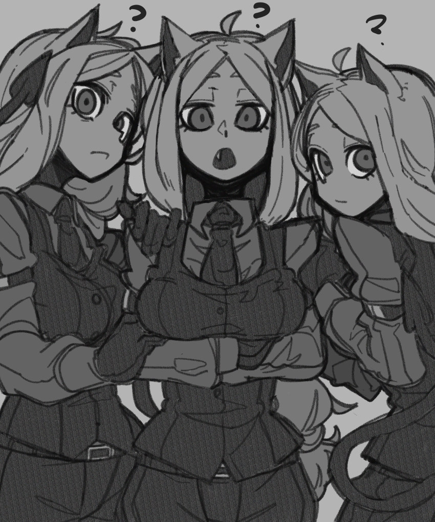 3girls ? absurdres ahoge animal_ears arm_garter belt bone_nigi breasts cerberus_(helltaker) closed_mouth collared_shirt commentary_request cowboy_shot crossed_arms demon_girl demon_tail dog_ears dog_girl fang formal_clothes gloves greyscale hand_on_another&#039;s_shoulder helltaker highres long_hair long_sleeves looking_at_viewer medium_breasts monochrome multiple_girls necktie open_mouth shirt standing tail triplets vest waistcoat
