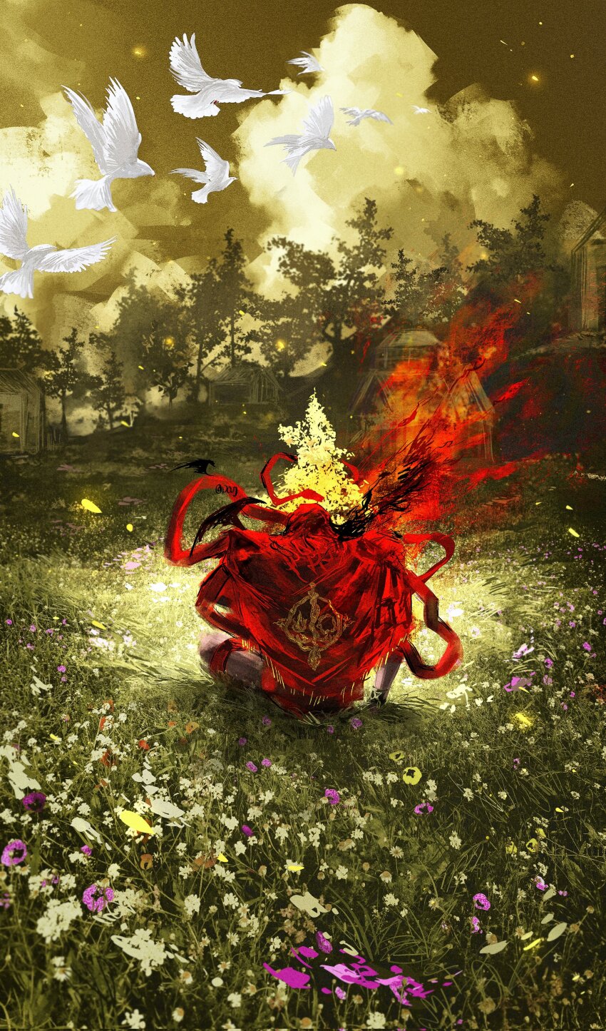 1boy abandoned absurdres arm_support bird building cape cloud commentary dilapidated dove duoj_ji elden_ring elden_ring:_shadow_of_the_erdtree english_commentary erdtree_(elden_ring) falling_petals flower from_behind grass highres hut messmer_the_impaler outdoors overgrown petals red_cape red_hair red_robe red_snake robe scenery sitting sky snake snake_on_shoulder snake_wrapped_around_body solo tree village yellow_sky