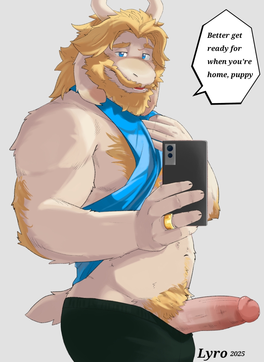1boy animal_ears artist_name asgore_dreemurr bara beard belly biceps black_pants blonde_hair blue_tank_top chest_hair clothes_lift commentary dated english_commentary english_text erection facial_hair floppy_ears furry furry_male goat_ears goat_horns goat_tail gold_ring highres holding holding_phone horns looking_at_viewer lyro male_focus open_mouth pants penis phone pubic_hair shirt_lift speech_bubble stomach_hair tank_top undertale