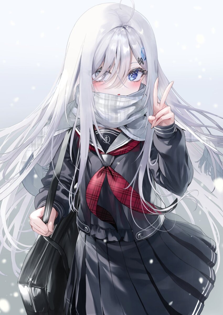 1girl ahoge bag black_bag black_hair black_serafuku blue_eyes blush expressionless female_focus grey_eyes grey_scarf hair_ornament hair_over_one_eye hairpin heterochromia highres holding holding_bag long_hair long_sleeves looking_at_viewer miniskirt multicolored_eyes nekometaru open_mouth parted_lips peace_symbol pleated_skirt scarf school_bag school_uniform serafuku shibou_yuugi_de_meshi_o_kuu shoulder_bag skirt sleeves_past_wrists snow snowing solo solo_focus v very_long_hair white_hair yuuki_(shibou_yuugi)