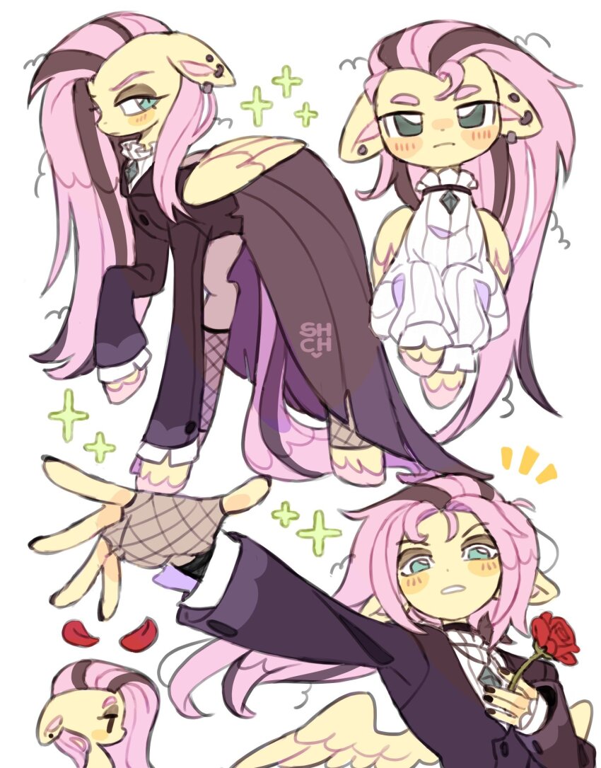 1girl animal animal_ears aqua_eyes black_coat chibi coat colored_skin commentary creature_and_personification feathered_wings fishnet_gloves fishnets flower fluttershy gloves goth_fashion highres holding holding_flower horse_ears horse_girl long_hair long_sleeves multicolored_hair multiple_views my_little_pony my_little_pony:_friendship_is_magic official_alternate_costume outstretched_arm pegasus personification pink_hair pony_(animal) rose sharpycharot simple_background streaked_hair white_background wings yellow_skin