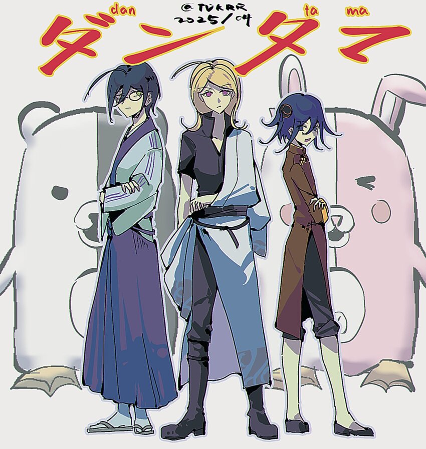 1girl 2025 2boys ahoge akamatsu_kaede black_hair blonde_hair chinese_clothes commentary cosplay crossed_arms danganronpa_(series) danganronpa_v3:_killing_harmony dated flipped_hair full_body gintama glasses hair_between_eyes hair_ornament height_difference highres japanese_clothes kagura_(gintama) kagura_(gintama)_(cosplay) kimono long_hair long_sleeves looking_at_viewer medium_hair monokuma multiple_boys oma_kokichi open_clothes open_kimono open_mouth pants parody pink_eyes purple_eyes purple_hair saihara_shuichi sakata_gintoki sakata_gintoki_(cosplay) sandals shimura_shinpachi shimura_shinpachi_(cosplay) shirt short_hair short_sleeves standing tadokorori_(tdkrr) usami_(danganronpa) yellow_eyes