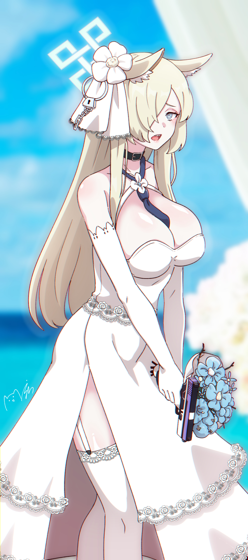 1girl absurdres alternate_costume animal_ear_fluff animal_ears aqua_eyes belt_collar blue_archive blue_sky blurry bouquet breasts cleavage commentary_request depth_of_field dog_ears dog_girl dress elbow_gloves flower garter_straps glock gloves gun hair_flower hair_ornament hair_over_one_eye halo handgun highres holding holding_bouquet holding_gun holding_weapon kanna_(blue_archive) large_breasts light_brown_hair long_hair looking_at_viewer majinmallow outdoors parted_bangs sharp_teeth side_slit sidelocks sky solo strapless strapless_dress teeth thighhighs v_arms weapon wedding_dress white_dress white_gloves white_thighhighs