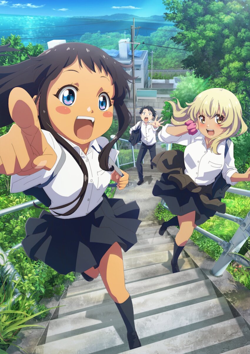 1boy 2girls artist_request black_hair black_pants black_skirt black_socks blonde_hair blue_eyes blush_stickers brown_cardigan cardigan cardigan_around_waist clothes_around_waist commentary_request day hand_in_own_hair higa_kana highres kneehighs kyan_hina looking_at_viewer multiple_girls nakamura_teruaki official_art okinawa_de_suki_ni_natta_ko_ga_hougen_sugite_tsurasugiru open_mouth outdoors pants pink_scrunchie pleated_skirt pointing pointing_at_viewer reaching reaching_towards_viewer school_uniform scrunchie second-party_source shirt skirt smile socks stairs tan teeth upper_teeth_only white_shirt wrist_scrunchie yellow_eyes
