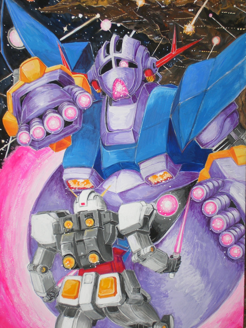 absurdres anago-san dual_wielding energy_sword explosion gundam highres holding mecha mobile_suit_gundam robot rx-78-2_gundam space sword weapon zeong