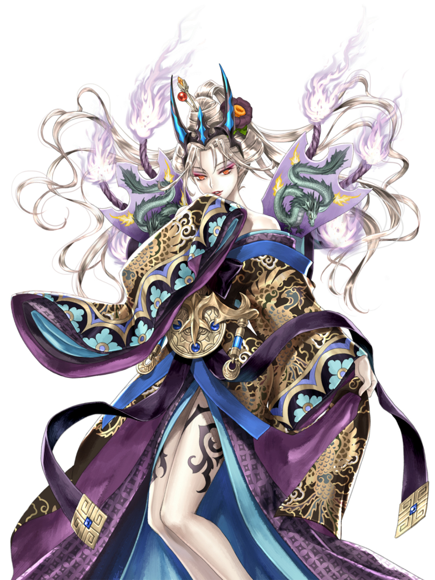 1girl artist_request bare_legs bare_shoulders capcom character_request chinese_clothes eyelashes fire flower hair_flower hair_ornament hair_stick hand_to_own_mouth highres lipstick long_hair makeup official_art onimusha_soul orange_eyes purple_fire silver_hair tattoo wide_sleeves