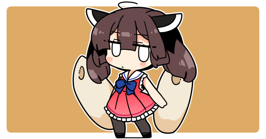 0_0 1girl ahoge bare_arms bare_shoulders black_pantyhose black_shoes blue_bow blue_bowtie blunt_bangs blush border bow bowtie brown_background brown_hair chibi chibi_only closed_mouth dress frilled_dress frills full_body headgear ini_(inunabe00) jitome kiritanpo_(food) looking_at_viewer outline outside_border pantyhose red_dress sailor_collar sailor_dress shoes short_hair simple_background sleeveless sleeveless_dress solo standing touhoku_kiritan voiceroid white_border white_outline white_sailor_collar