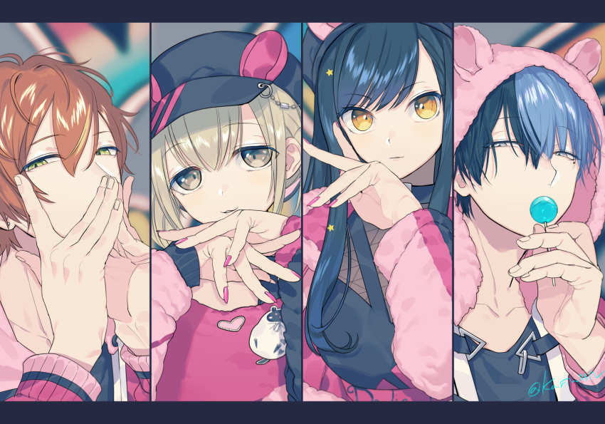 2boys 2girls animal_hood aoyagi_touya awakening_beat_(project_sekai) azusawa_kohane beat_eater_(vocaloid) black_border black_hair blonde_hair blue_hair blurry blurry_background border brown_eyes candy commentary covered_mouth dark_blue_hair fingernails food green_eyes grey_eyes hair_ornament hat heart highres holding holding_candy holding_food holding_lollipop hood hood_up lollipop long_hair long_sleeves looking_at_viewer mole mole_under_eye multicolored_hair multiple_boys multiple_girls official_alternate_costume orange_eyes orange_hair parted_lips pink_nails project_sekai shinonome_akito shiraishi_an short_hair sohu split-color_hair star_(symbol) star_hair_ornament streaked_hair twitter_username two-tone_hair upper_body vivid_bad_squad_(project_sekai)