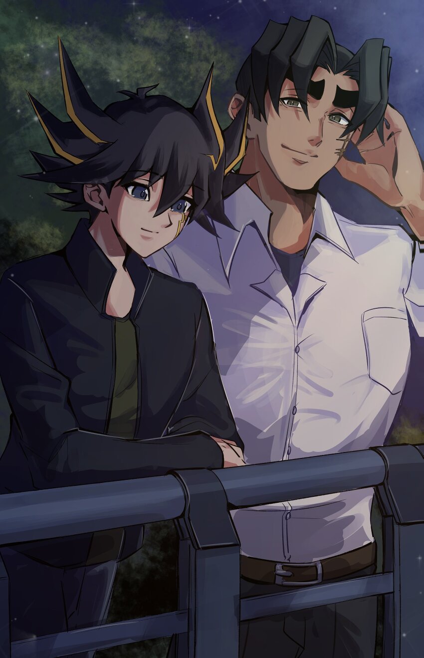 2boys absurdres against_railing aged_up arm_up belt black_hair black_jacket blue_eyes blue_sky brown_belt brown_eyes crossed_arms dress_shirt facial_mark facing_to_the_side forest fudo_yusei green_shirt grey_pants hair_slicked_back hand_in_own_hair hand_on_own_cheek hand_on_own_face hand_on_railing hand_up highres jacket leaf looking_at_viewer looking_down looking_to_the_side male_focus multiple_boys nature night night_sky open_clothes open_jacket outdoors pants parted_bangs popped_collar railing scar scar_across_eye scar_on_face shirt side-by-side sky smile spiked_hair star_(sky) sufaaa0427 thick_eyebrows tree ushio_tetsu white_shirt yu-gi-oh! yu-gi-oh!_5d&#039;s