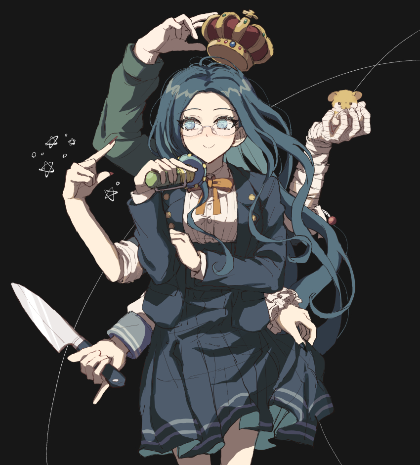 1girl absurdres animal bandaged_arm bandages black_background black_jacket black_nails black_skirt breasts celestia_ludenberg collared_shirt commentary_request cowboy_shot crown danganronpa:_trigger_happy_havoc danganronpa_(series) danganronpa_2:_goodbye_despair danganronpa_v3:_killing_harmony enoshima_junko frills glasses hamster highres holding holding_knife jacket knife komaeda_nagito large_breasts long_sleeves maizono_sayaka nail_polish neck_ribbon open_clothes open_jacket orange_ribbon oteage pleated_skirt ribbon shirogane_tsumugi shirt simple_background skirt smile solo tanaka_gundham