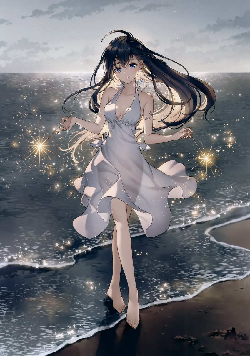 1girl absurdres ahoge bare_shoulders barefoot beach blue_eyes breasts breasts_apart crossed_legs dress earrings eshi_100_nin_ten fireworks full_body grey_dress grey_sky halter_dress halterneck highres holding holding_fireworks jewelry long_hair looking_at_viewer medium_breasts nardack ocean outdoors parted_lips scan senkou_hanabi silver_armlet sky solo sparkler third-party_source