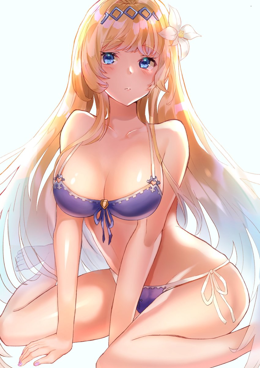 1girl absurdres bare_shoulders barefoot bikini blonde_hair blue_eyes blush breasts cleavage collarbone felnemo female_focus flower granblue_fantasy groin hair_flower hair_ornament hairband highres jeanne_d&#039;arc_(granblue_fantasy) jeanne_d&#039;arc_(summer)_(granblue_fantasy) large_breasts long_hair looking_at_viewer nail_polish side-tie_bikini_bottom simple_background sitting solo swimsuit wariza