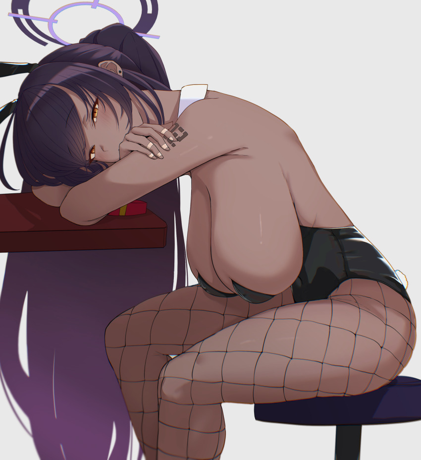 1girl absurdres animal_ears arm_rest arm_tattoo black_hair black_leotard blue_archive breasts dark-skinned_female dark_skin detached_collar fake_animal_ears fishnet_pantyhose fishnets from_side halo highleg highleg_leotard highres karin_(blue_archive) karin_(bunny)_(blue_archive) large_breasts leaning_on_table leotard long_hair pantyhose playboy_bunny ponytail poolpool rabbit_tail sideboob sitting solo stool table tail tattoo very_long_hair yellow_eyes