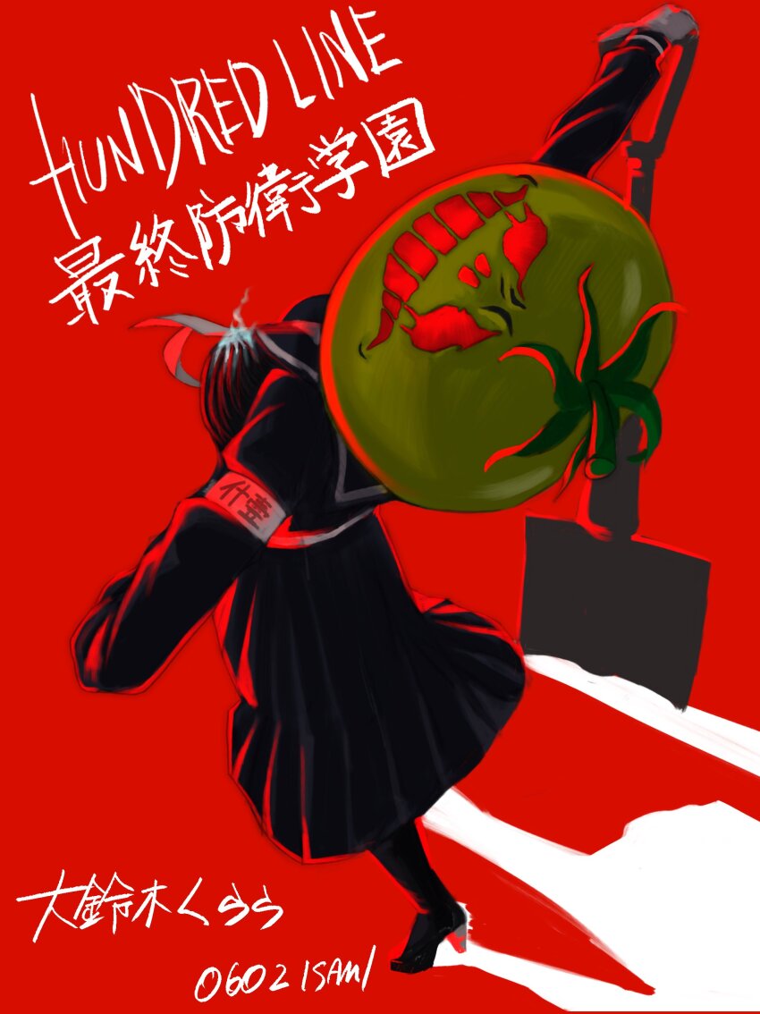 1girl absurdres armband black_shirt black_skirt female_focus high_heels highres holding holding_shovel last_defense_academy_school_uniform long_sleeves looking_at_viewer mask mask_on_head oosuzuki_kurara outstretched_arm pleated_skirt red_background shirt shovel simple_background skirt solo solo_focus standing the_hundred_line_-last_defense_academy- tomato turning_head
