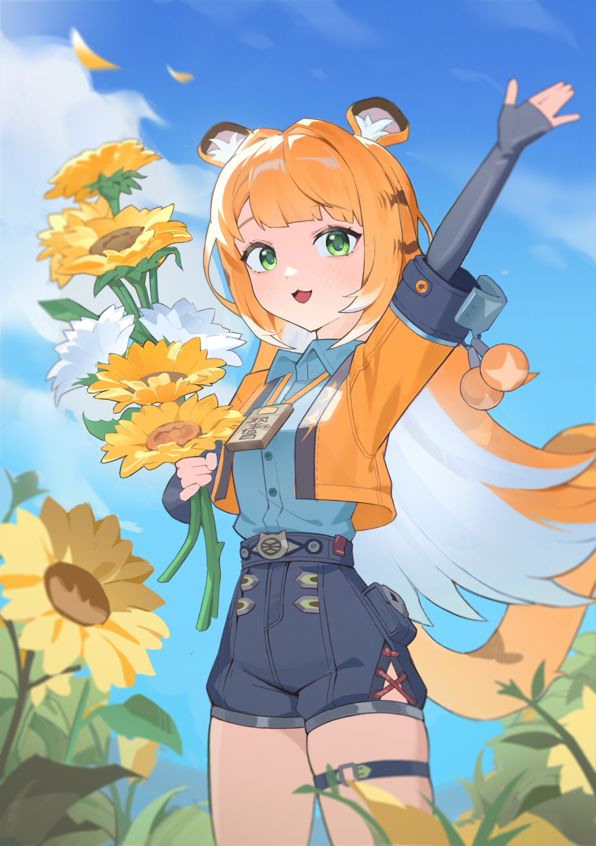 1girl absurdres animal_ear_fluff animal_ears blonde_hair dress field fingerless_gloves flower flower_field gloves green_eyes highres hijuk holding ju_fufu long_hair looking_at_viewer multicolored_hair open_mouth shirt shorts smile solo sunflower sunflower_field tail tiger_ears tiger_girl tiger_tail zenless_zone_zero