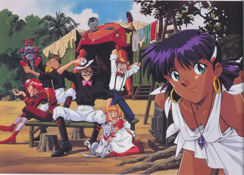 1990s_(style) absurdres aiguillette alcohol alternate_costume animal apron arm_up arms_behind_back arms_up artist_request back_bow bare_shoulders belt bench bent_over black_belt black_footwear black_shirt blue_eyes blue_gemstone blue_pants boots bow bowtie brown_footwear brown_hair cel_shading child choker closed_mouth collar collared_dress cowboy_shot cub dark-skinned_female dark_skin dress drying drying_clothes earrings everyone eyeshadow fat fat_man fedora freckles frilled_apron frills from_side full_body fushigi_no_umi_no_nadia gainax gem glasses gold_earrings grandis_granva green_eyes green_shirt green_socks grey_fur hairband hand_on_own_knee hanson_(nadia) hat highres holding holding_animal holding_unworn_clothes holding_unworn_hat hoop_earrings jean_roque_lartigue jewelry king_(nadia) knee_boots knot leg_up light_brown_hair lion_cub loincloth long_hair long_sleeves looking_at_viewer makeup male_underwear marie_en_carlsberg medium_hair nadia_la_arwall necklace official_alternate_costume official_art on_bench one_eye_closed open_mouth orange_hair outdoors pants pink_bow pink_eyeshadow pocket puffy_pants puffy_sleeves purple_hair red_bow red_bowtie red_dress red_pants red_scarf red_sleeve_cuffs red_sleeves red_wine retro_artstyle ribbon ribbon_choker robot round_eyewear sanson_(nadia) scan scarf shirt short_hair sitting skinny skirt sleeve_cuffs sleeves_rolled_up smile smirk socks solid_oval_eyes stairs sunglasses suspenders teeth testicles tied_shirt tongue tree tropical two-tone_footwear two-tone_tail underwear unworn_hat unworn_headwear unworn_male_underwear unworn_skirt unworn_socks upper_teeth_only white_apron white_collar white_fur white_hairband white_hat white_pants white_shirt white_sleeves wine wing_collar yellow_bow yellow_bowtie yellow_ribbon