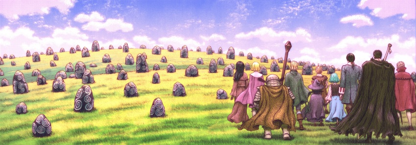 4girls 6+boys absurdres aqua_hair armor azan(berserk) azan_(berserk) berserk black_hair blonde_hair cape casca_(berserk) cloud cloudy_sky colorized dragonslayer_(sword) farnese_(berserk) full_armor guts_(berserk) hat highres isidro_(berserk) isma landscape miura_kentarou multiple_boys multiple_girls outdoors puck_(berserk) rock scenery schierke_(berserk) serpico_(berserk) sky staff sword too_many weapon witch_hat