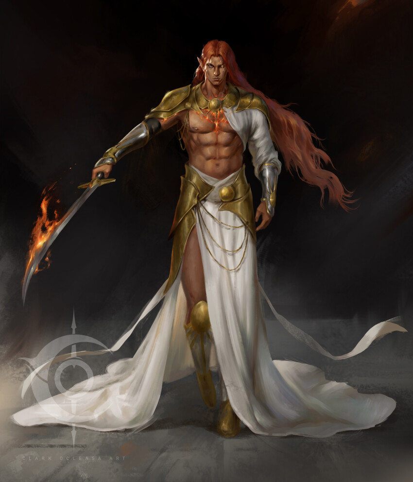 1boy a_court_of_thorns_and_roses_(series) abs absurdres armor artist_name clarkocleasa commission fire flaming_sword flaming_weapon full_body highres holding holding_sword holding_weapon logo long_hair looking_at_viewer lucien_vanserra male_focus muscular one-eyed pectorals pointy_ears red_hair scar scar_across_eye scar_across_eyebrow scar_on_face shoulder_armor simple_background skirt solo standing sword very_long_hair walking weapon white_skirt