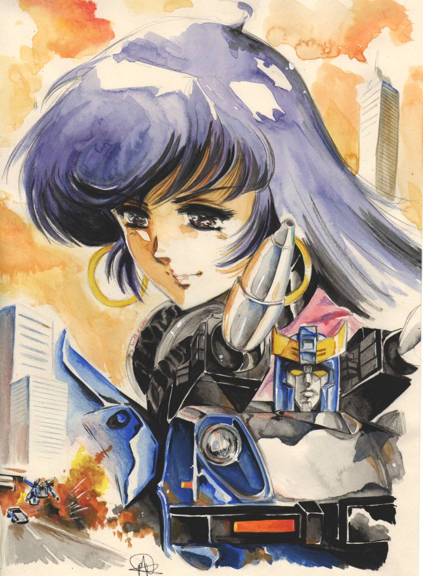 1980s_(style) 1boy 1girl absurdres blue_hair bluestreak_(transformers) commentary earrings english_commentary explosion highres hinomars19 hoop_earrings huge_filesize jewelry looking_down mecha multiple_persona oldschool parody retro_artstyle robot shoulder_cannon style_parody the_transformers_(idw) transformation transformers