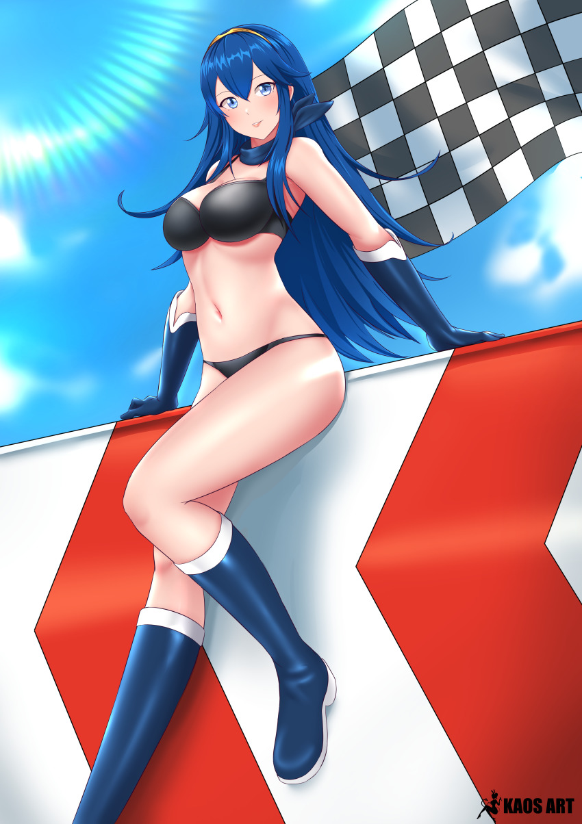 1girl @storm5958 absurdres alexis_tipton alternate_costume bikini black_bikini blue_eyes blue_hair blush boots breasts cape checkered_flag fire_emblem fire_emblem_awakening flag gloves hair_between_eyes highres jake_brito jewelry kaos_art knee_boots kobayashi_yu laura_bailey long_hair looking_at_viewer lucina_(fire_emblem) navel nintendo outdoors race_queen scarf simple_background smile solo swimsuit symbol-shaped_pupils tiara very_long_hair voice_actor_connection