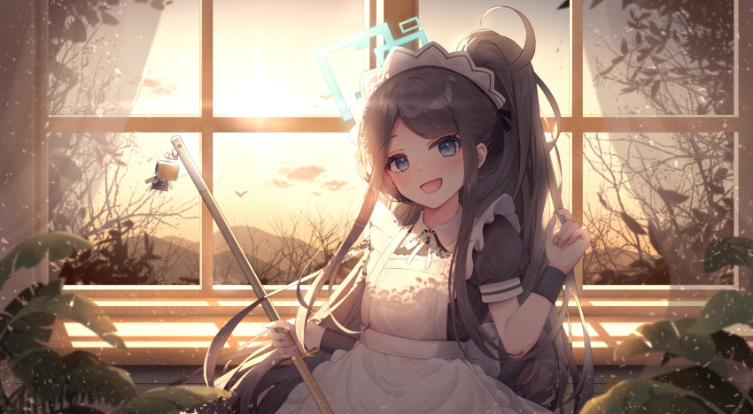 1girl :d absurdres apron aqua_halo aris_(blue_archive) aris_(maid)_(blue_archive) backlighting black_dress black_hair black_wrist_cuffs blue_archive blue_eyes blush commentary cowboy_shot curtains dress frilled_apron frills halo hand_up happy highres indoors kei_(robot)_(blue_archive) long_hair looking_at_viewer magaqq123 maid maid_apron maid_headdress official_alternate_costume official_alternate_hairstyle open_mouth parted_bangs ponytail puffy_short_sleeves puffy_sleeves rectangular_halo short_sleeves sidelocks sky smile solo sunset very_long_hair white_apron window wrist_cuffs yellow_sky