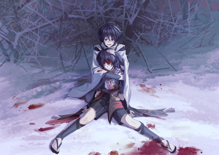 2boys absurdres ahoge arm_around_shoulder armor arms_at_sides behind_another black_bodysuit black_eyes black_footwear black_hair black_kimono black_shorts black_sleeves blood blood_on_clothes blood_on_face blood_on_feet blood_on_snow blunt_ends bodysuit bush closed_mouth clothing_cutout distress dterl dual_persona facing_viewer full_body genshin_impact gold hair_between_eyes hair_intakes han&#039;eri hand_on_another&#039;s_arm hand_on_another&#039;s_head highres injury japanese_armor japanese_clothes jewelry kariginu kimono kneeling knees kote kurokote layered_clothes layered_kimono layered_sleeves leaning_on_person legs_apart long_sleeves multiple_boys neck_ring o-ring open_clothes open_hands open_kimono open_mouth purple_rope purple_sash purple_sleeves red_kimono rope sandals sash scaramouche_(genshin_impact) scaramouche_(kabukimono)_(genshin_impact) shimenawa short_sleeves shorts shoulder_cutout sitting snow tassel toes unconscious v-shaped_eyebrows white_rope white_sleeves white_trim wide_sleeves zouri