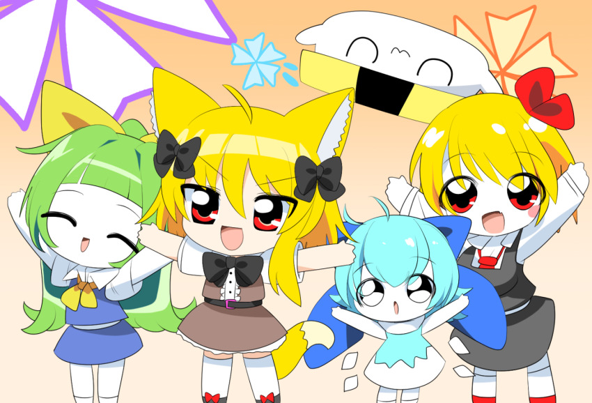 4girls alternate_hairstyle animal_ears arms_up asymmetrical_hair black_bow black_bowtie black_skirt black_vest blonde_hair blue_hair blue_skirt blue_vest blunt_bangs bow bowtie brown_vest chibi cirno cirno_(cookie) closed_eyes collared_shirt colored_skin commentary_request cookie_(touhou) cowboy_shot daiyousei diyusi_(cookie) food fox_ears fox_girl fox_tail hair_between_eyes hair_bow ice ice_wings indoors large_bow lets0020 long_hair long_sleeves looking_at_viewer miramikaru_riran multiple_girls nadeko_(cookie) omelet open_mouth red_bow red_eyes rumia shirt short_bangs short_hair short_sleeves skirt skirt_set smile t-pose tail tamagoyaki thighhighs touhou vest white_shirt white_skin white_thighhighs wings yellow_bow yellow_bowtie