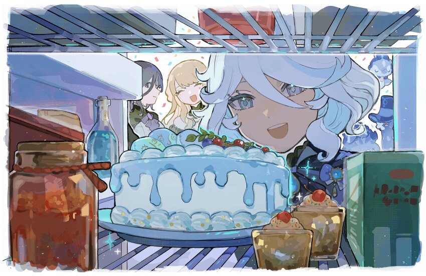 3girls ascot bare_shoulders birthday_cake blonde_hair blue_eyes blue_hair blue_jacket bottle cake clorinde_(genshin_impact) confetti cupcake dark_blue_hair detached_collar food furina_(genshin_impact) genshin_impact gentilhomme_usher hair_between_eyes highres in_container in_refrigerator jacket light_blue_hair long_hair looking_to_the_side mademoiselle_crabaletta multiple_girls navia_(genshin_impact) open_mouth purple_ascot purple_eyes refrigerator refrigerator_interior shima_(vivi_do) surintendante_chevalmarin