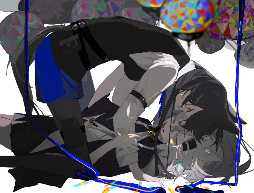 2girls animal_ears arknights belt black_belt black_hair black_pantyhose black_vest blue_eyes blue_shorts chinese_commentary commentary_request grey_hair hair_between_eyes hair_ornament hairclip highres kuma_(yoooooooo152) lappland_(arknights) lappland_(refined_horrormare)_(arknights) long_hair long_sleeves lying multiple_girls on_back open_mouth pantyhose pinned shirt shorts tail texas_(arknights) texas_the_omertosa_(arknights) variant_set vest white_background white_shirt wolf_ears wolf_girl wolf_tail yellow_eyes yuri