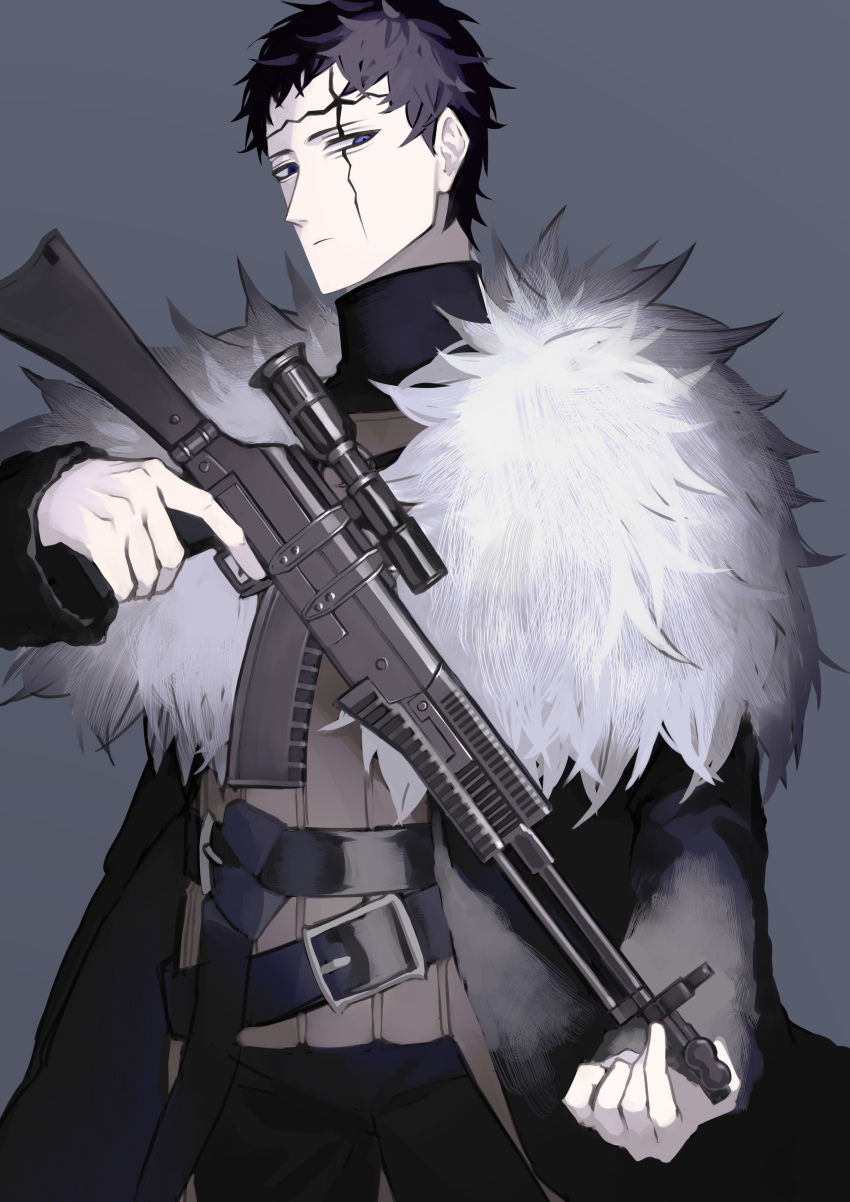 1boy :| absurdres armor belt belt_buckle black_clover black_hair black_pants black_shirt blue_eyes buckle chest_strap closed_mouth coat cowboy_shot cuirass expressionless facial_mark faulds finger_on_trigger frit_2 fur_coat fur_collar gun high_collar highres holding holding_gun holding_weapon looking_at_viewer male_focus narrowed_eyes o-ring pants scope shirt short_hair sideways_glance solo tunic weapon weapon_request zenon_zogratis