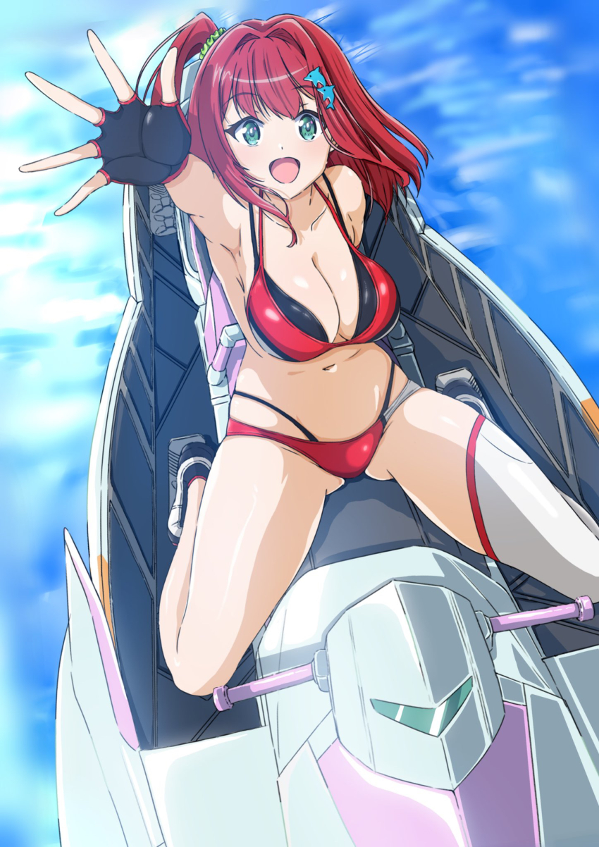 1girl armpits bikini black_gloves blurry blurry_background breasts cleavage collarbone commentary_request dolphin_hair_ornament dolphin_wave fingerless_gloves gloves green_eyes highres jet_ski large_breasts layered_bikini looking_at_viewer macaroni_(dontakadx) medium_hair multi-strapped_bikini_bottom multi-strapped_bikini_top navel one_side_up open_mouth reaching reaching_towards_viewer red_bikini red_hair sakimiya_iruka single_thighhigh solo stomach swimsuit thighhighs water watercraft white_thighhighs